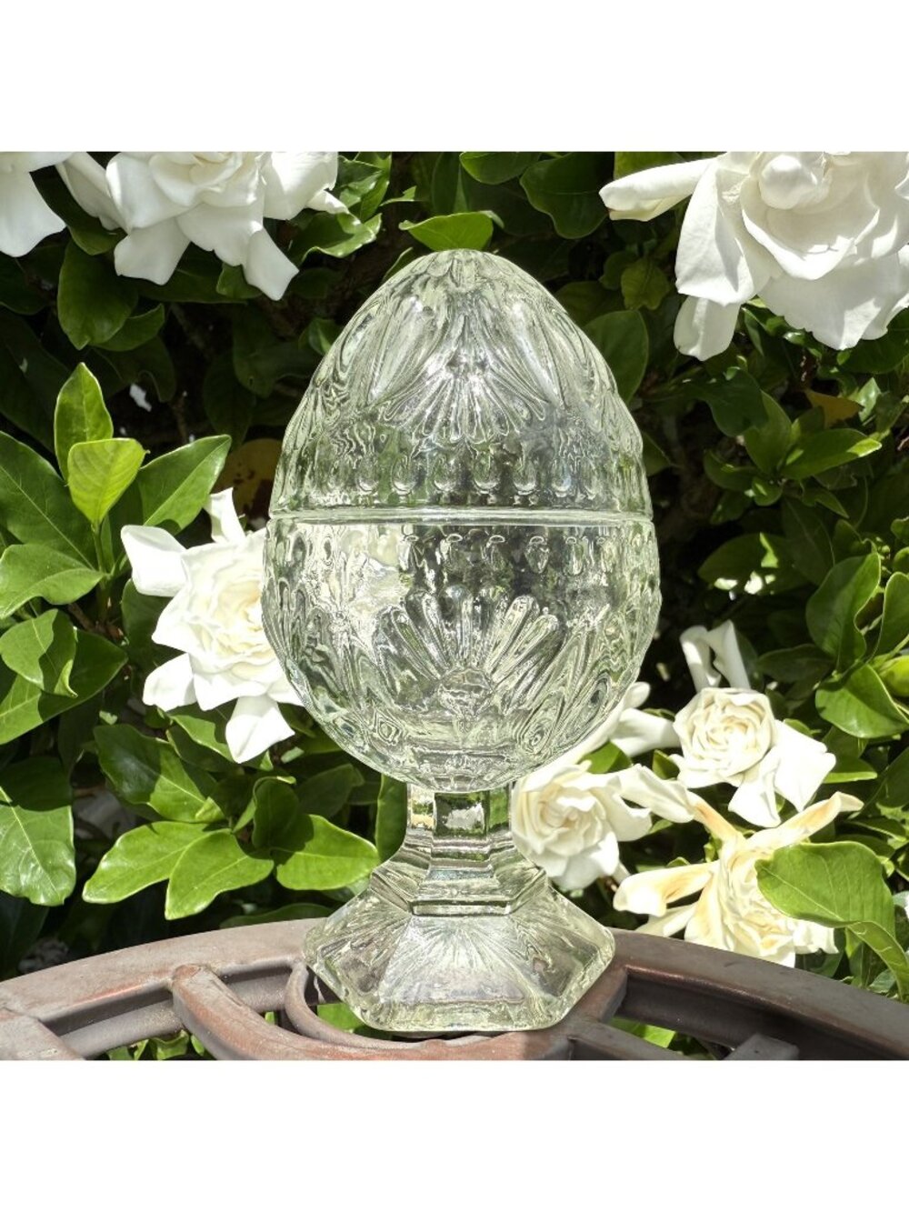 Vintage Avon Clear Glass Lidded Egg Pedestal Fairy Candle Holder Trinket Dish 5"